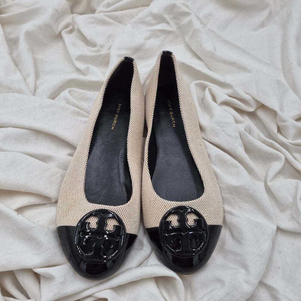 NEW Tory Burch Claire Cap-Toe Ballet Flats cream woven canvas size 5